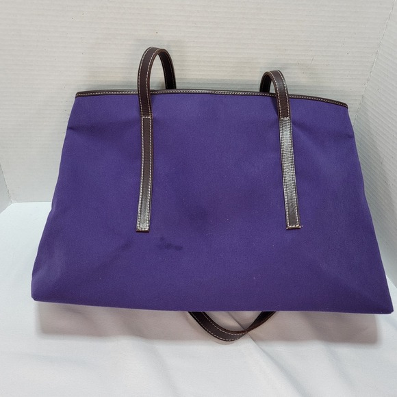 Purple Canvas 17" Shoulder Bucket Bag Carrying Tote with Brown Straps - Picture 2 of 11